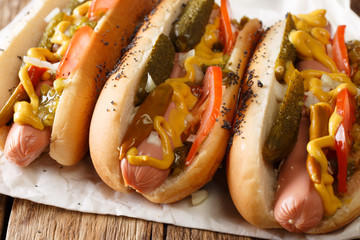 Chicago style hot dog with mustard, tomatoes, pickled cucumbers, onions and sauce close-up....