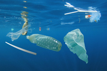 Plastic ocean pollution. Underwater bags, bottles, cups, straws     © Richard Carey