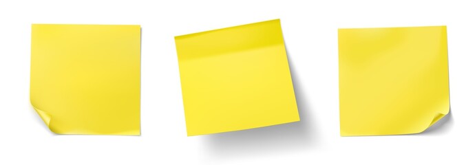 Set of yellow stick paper notes on white background. Vector illustration. Can be use for your design, presentation, promo, adv. EPS10. - obrazy, fototapety, plakaty