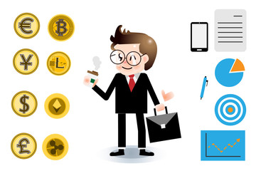 A Businessman with a office element , smart phone,paper sheet,target, pen,graph, coffee cup and Bonus : cryptocurrency coin.Cartoon Character for animation , separate layer ,joint and or Main organs. 