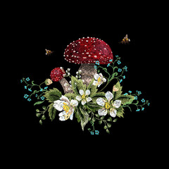 Embroidery traditional floral pattern with mushroom, berries, forget me not and bees. Vector embroidered bouquet with flowers for wearing design. - 210773576