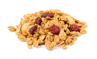 Breakfast of cornflakes with berries on white background