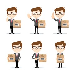 set of funny cartoon office worker in various poses for use in presentations, etc.Businessman in different poses . Full length, front view against white background. Stock flat vector illustration.