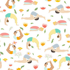 Yoga seamless pattern with cartoon girl and boy doing yoga position. Pose of onion, or Dhanurasan, Pose of wheel, or Chakrasana bridge , Stretching of spine, child s pose. Vector illustration
