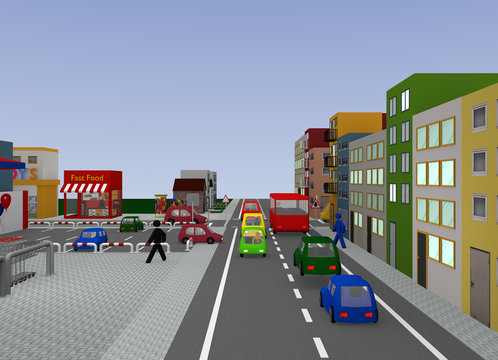 Stadtansicht mit Kreuzung und Verkehrsschild Vorfahrtsstraße. 3d render