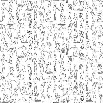Seamless pattern with women silhouettes. female nude body pattern. sketch.