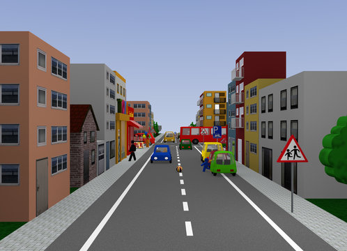 Stadtansicht mit Verkehrssituation: Spielende Kinder. 3d render