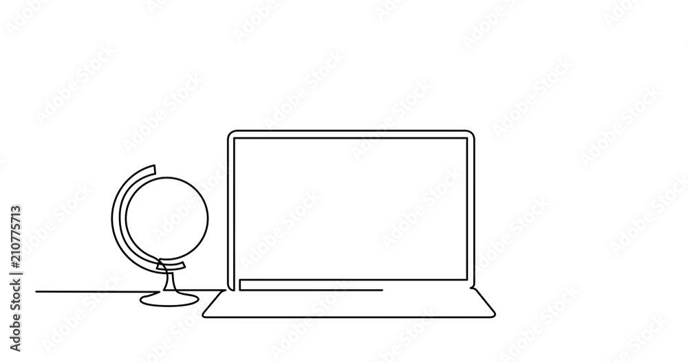 Wall mural animation of continuous line drawing of globe laptop computer and pencils