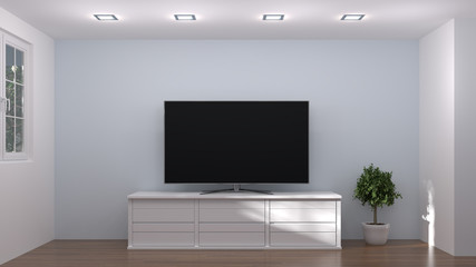 White wood modern TV cabinet in empty room interior background  3d illustration home designs,shelves and books on the desk in front of  empty wall