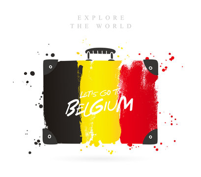 Suitcase with the flag of Belgium. Lettering