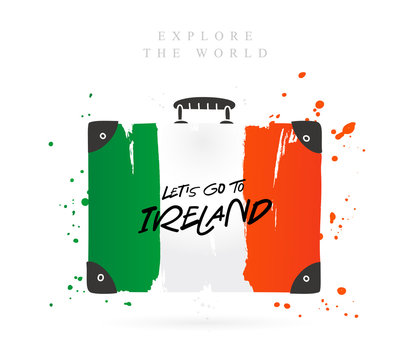 Suitcase with the flag of Ireland. Lettering.