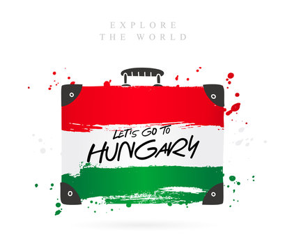 Suitcase with the flag of Hungary. Lettering