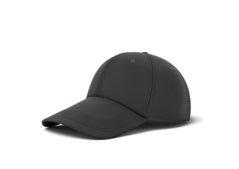 3d rendering of a single black baseball cap with black stitching lying on a white background.