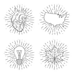 Set of vector illustrations - heart, USA map, light blub and maple leaf with divergent rays. Used for poster, banner, web, t-shirt print, bag print, badges, pilot, logo design and more.
