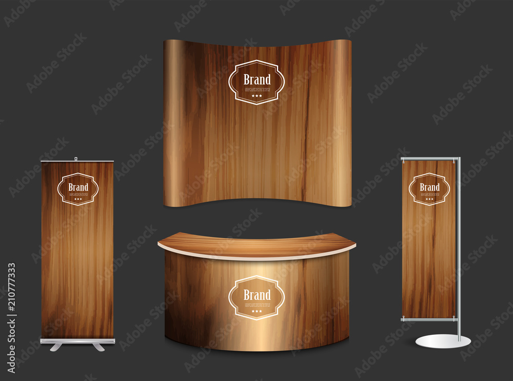 Poster blank trade show booth exhibition stand design mock up. front view with wood texture background, vec
