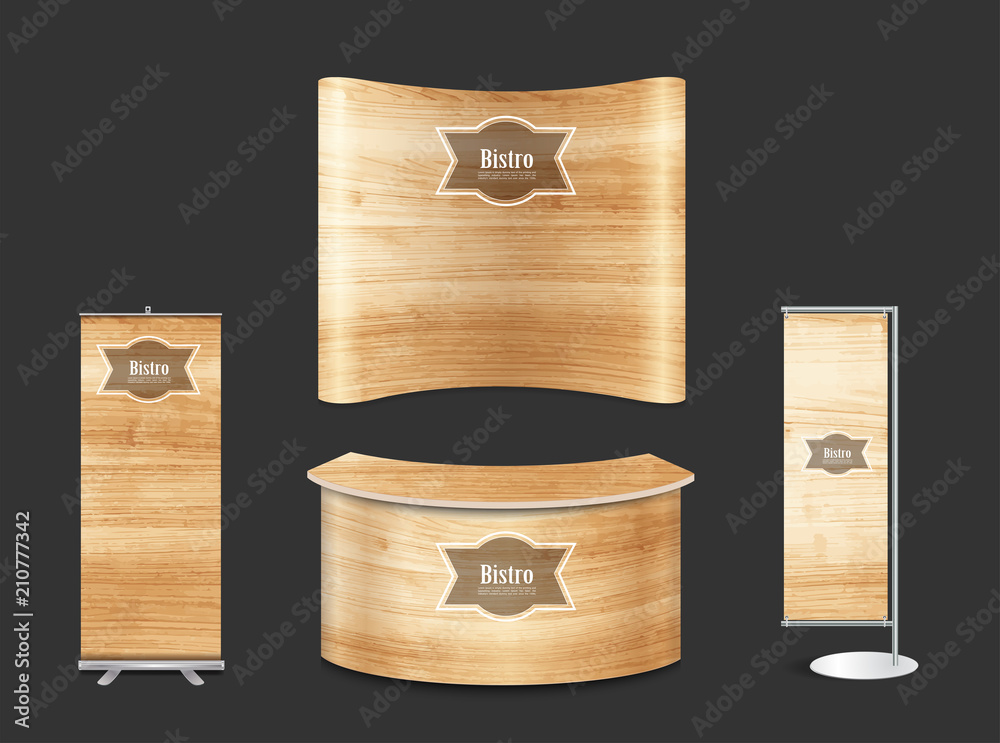 Poster Blank trade show booth exhibition stand design mock up. Front view with wood texture background, Vector illustration layout template display for design work
