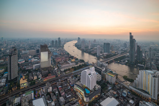 Aerial view of Bangkok cityscape and Chao Praya river