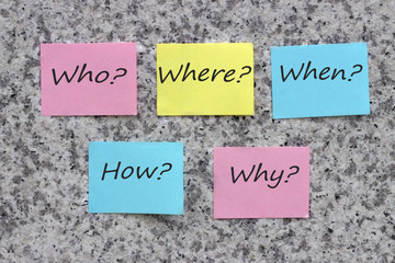 Questions What? Where? When? Why? How? on multi-colored office stickers