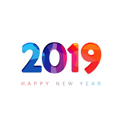 2019 xmas greetings. White background, multicolored facet numbers. Seasonal digits, abstract isolated blue, violet, red coloured symbols. Congratulating celebrating decorating graphic design template.