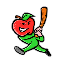Mascot icon illustration of an apple, a sweet, edible fruit produced by apple trees,  as baseball player batting with baseball bat viewed from side on isolated background in retro style.