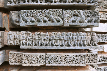 Episode from Ramayana. Rama, Sita and Laxmana returning from Lanka. Kedareshwara temple, Halebidu, Karnataka