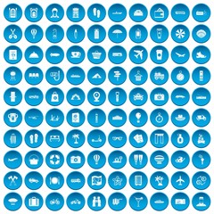 100 travel time icons set in blue circle isolated on white vector illustration