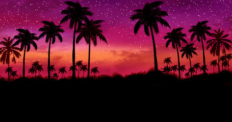 Fototapeta na wymiar Night landscape with palm trees, against the backdrop of a neon sunset, stars