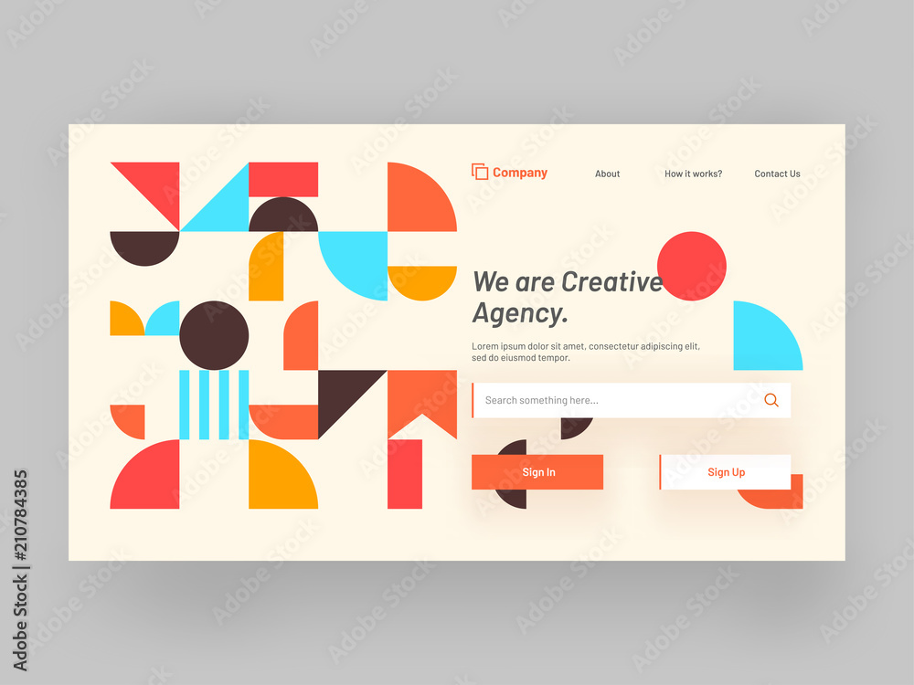 Sticker Responsive landing page or hero banner design with geometrical abstract elements for creative agency concept.