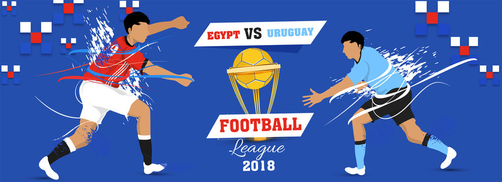 Football champion league, match between Egypt v/s Uruguay with winning golden trophy, social media header or banner design.