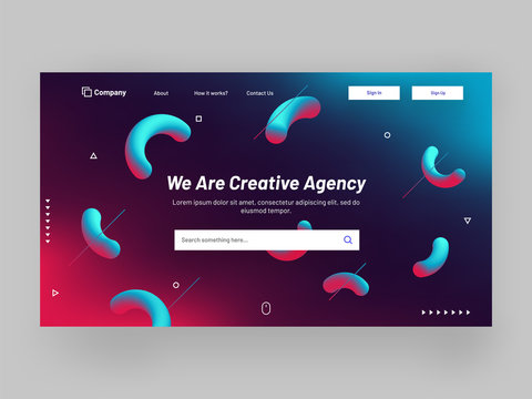 Responsive landing page or hero banner design with geometrical abstract elements for creative agency concept.