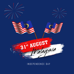 31st August Malaysia text on red and white brush stroke with waving flags of Malaysian and fireworks.