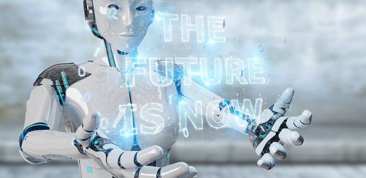 White cyborg woman using future decision text interface 3D rendering