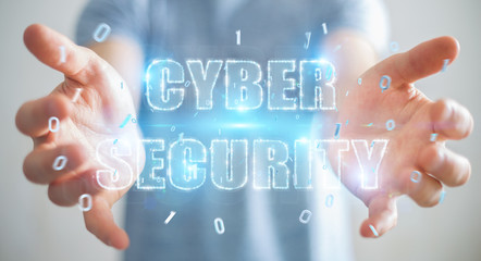 Businessman using cyber security text hologram 3D rendering