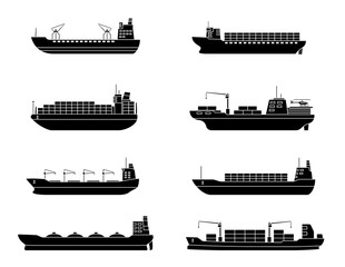 Set of commercial cargo ships. Sea transportation vehicle. Transport boat.