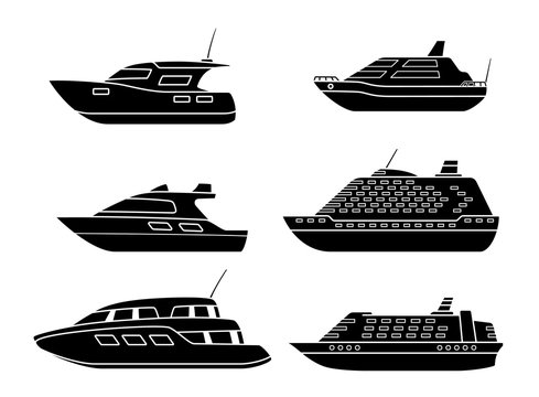 Set of passenger ships. Sea transportation liners. Yachts set.