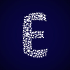 Letter of the alphabet E. Vector illustration. Shiny stars on blue background.