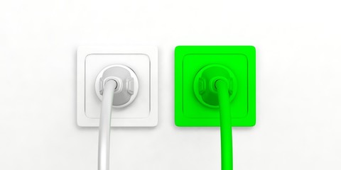 Green and white electric power plugs and sockets isolated on white background. 3d illustration