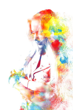 Double exposure of a young beautiful girl. Painted portrait of a female face. Multi-colored picture isolated on white background. Female sad look. Abstract woman face. Watercolor illustration.