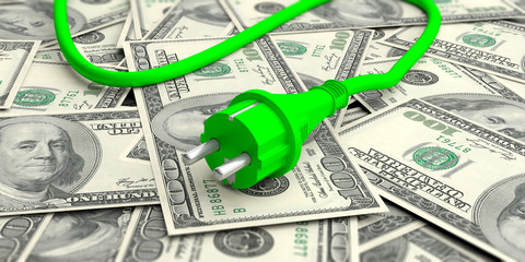 Green electric power plug on dollars banknotes. 3d illustration