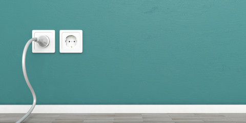 White electric power sockets isolated on green wall background, copy space. 3d illustration