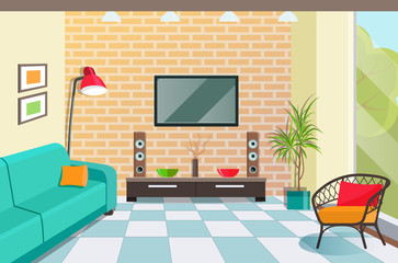 Living room with chair and television. Loft interior. Vector flat style illustration