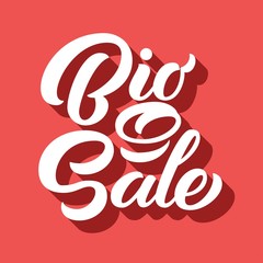 Big Sale hand lettering, brush calligraphy with 3d ahdow on retro red background. Vector type illustration. Can be used for season sale or advertising.