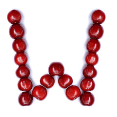 Letter M made with cherries to form a letter of the alphabet. Berry letters on a white background.