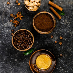Creative flat lay with milled coffee, coffee beans, brown sugar 