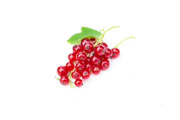 Fresh redcurrant fruit, red currant berries with green leaf, ribes rubrum, isolated on the white background
