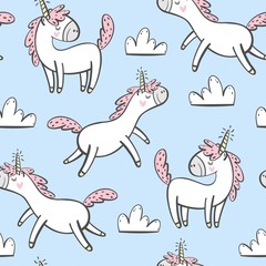 Vector pattern with cute unicorns and clouds. Magic background.