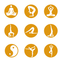 Yoga icons on round background. 
Yoga icons set on round orange background. Modern symbols for infographics or web use. Vector available. 