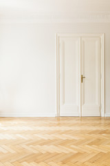 Copy space on white wall next to door in empty living room interior with wooden floor. Real photo