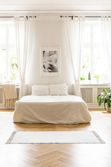 Poster above white bed in minimal bedroom interior with drapes at windows and rug. Real photo