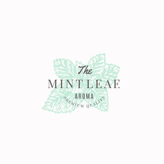 The Mint Leaf Abstract Vector Sign, Symbol or Logo Template. Mint Branch Sillhouette with Retro Typography. Vintage Luxury Emblem. © createvil